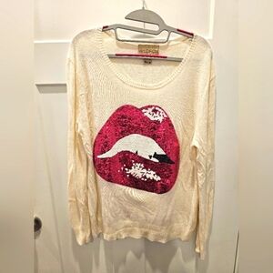 Wildfox White Label Lips Sequin Sweater Women’s Small Cream Pink Angora Blend
